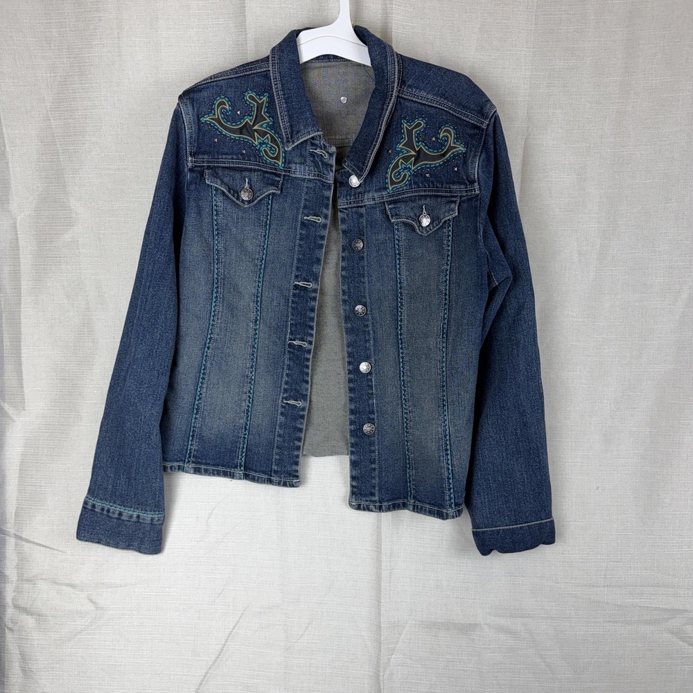 VTG Reba Jacket Womens XL Blue Denim Floral Embroidered Studded Western Short
